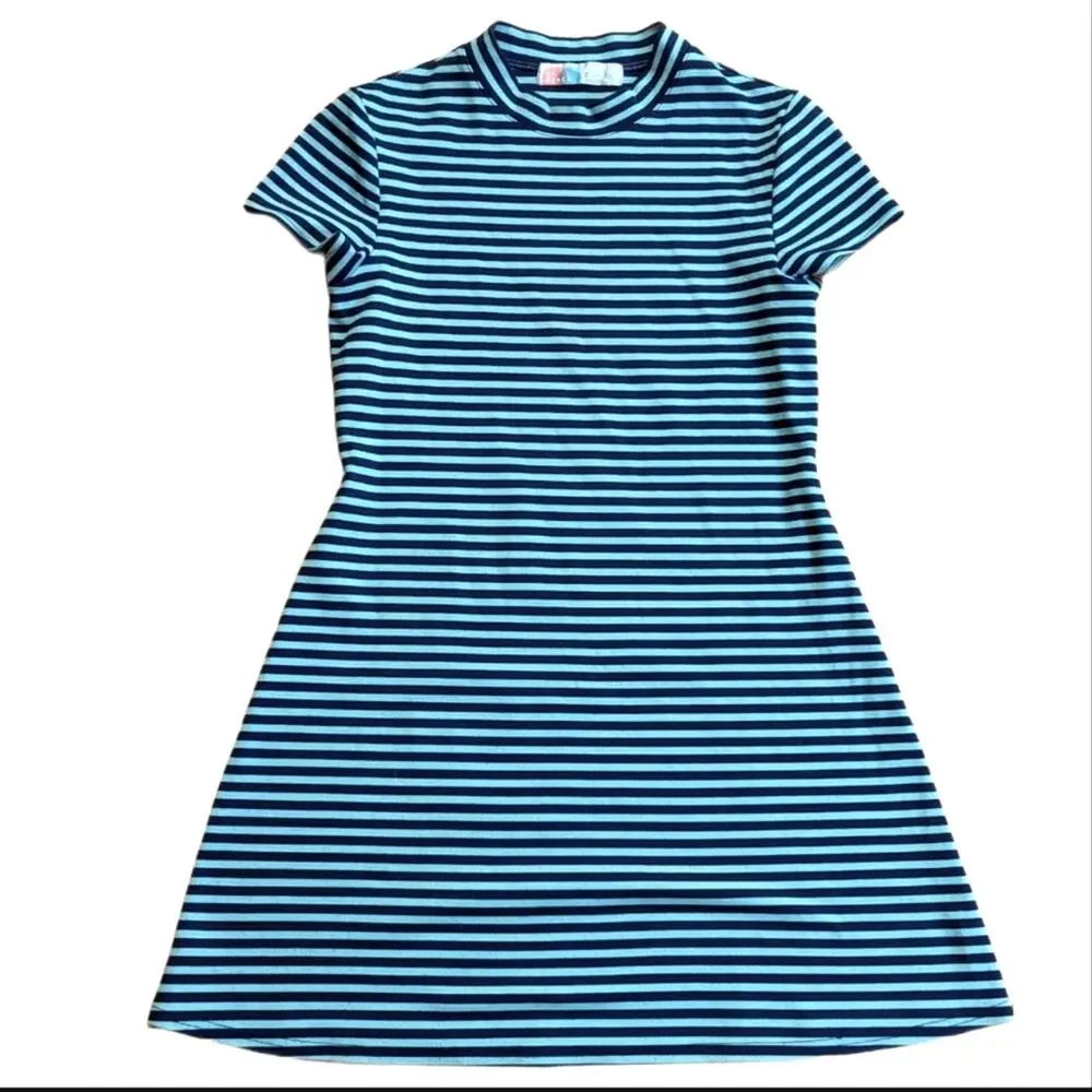 Free People Beach Blue Stripes Mock Neck A Line Nautical Summer Mini Dress